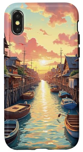 Sonnenuntergang über Kanalstadt und Booten aus Holz Hülle für iPhone X/XS von Fade Aura