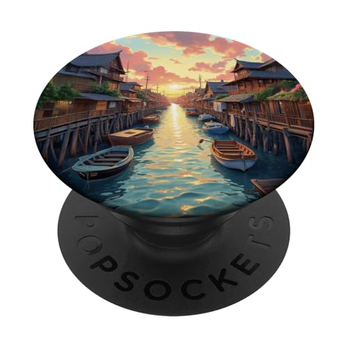 Sonnenuntergang über Kanalstadt und Booten aus Holz PopSockets Klebender PopGrip von Fade Aura