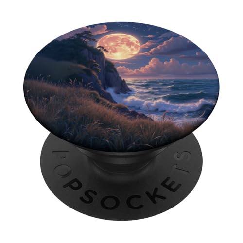 Vollmond über Ozeanwellen und Klippen PopSockets Klebender PopGrip von Fade Aura