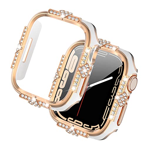 Falandi 44 mm, kompatibel mit Apple Watch Hülle SE/Serie 6/5/4 Strasssteine mit integriertem Glas-Displayschutzfolie 40/44 mm Stoßfänger Diamant iWatch Schutzhülle für Frauen Mädchen (Weiß/Roségold) von Falandi