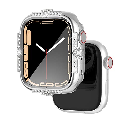 Falandi Harte Hülle Kompatibel mit Apple Watch Hülle Series 8 Series 7, 45 mm, Strasssteine mit Eingebautem Glas-Displayschutz, Diamant, iWatch, Gesichtsabdeckung, Smartwatch-Hülle für Damen und von Falandi