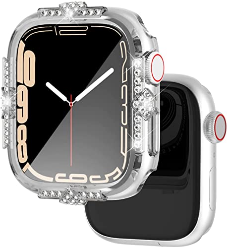 Falandi Transparente Hülle kompatibel mit Apple Watch Hülle Series 8 Series 7 45 mm Strasssteine mit eingebautem Glas-Displayschutz Diamant iWatch Gesichtsabdeckung Smart Watch Hülle für Frauen von Falandi