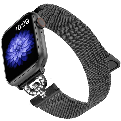 Faliogo Armband Kompatibel mit Apple Watch Armband 40mm 41mm 38mm für Damen, Funkelnder Diamant Edelstahl Metall Ersatzarmband für Apple Watch SE/iWatch Series 9 8 7 6 5 4 3 2 1 Ultra, Schwarz von Faliogo