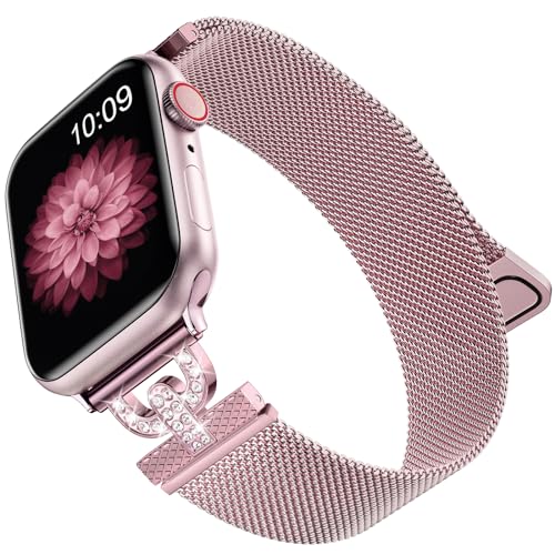 Faliogo Armband Kompatibel mit Apple Watch Armband 42mm 44mm 45mm 49mm für Damen, Funkelnder Diamant Edelstahl Ersatzarmband für Apple Watch SE/iWatch Series 9 8 7 6 5 4 3 2 1 Ultra, Rosa von Faliogo