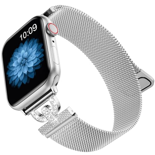 Faliogo Armband Kompatibel mit Apple Watch Armband 42mm 44mm 45mm 49mm für Damen, Funkelnder Diamant Edelstahl Ersatzarmband für Apple Watch SE/iWatch Series 9 8 7 6 5 4 3 2 1 Ultra, Silber von Faliogo