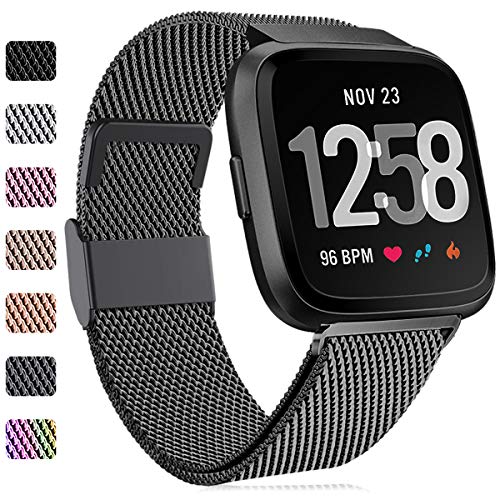 Faliogo Ersatzarmband Kompatibel mit Fitbit Versa Armband/Fitbit Versa 2 Armband, Edelstahl Metall Ersatz Armbänder Kompatibel mit Fitbit Versa 2/Versa/Versa Lite, Groß, Schwarz von Faliogo