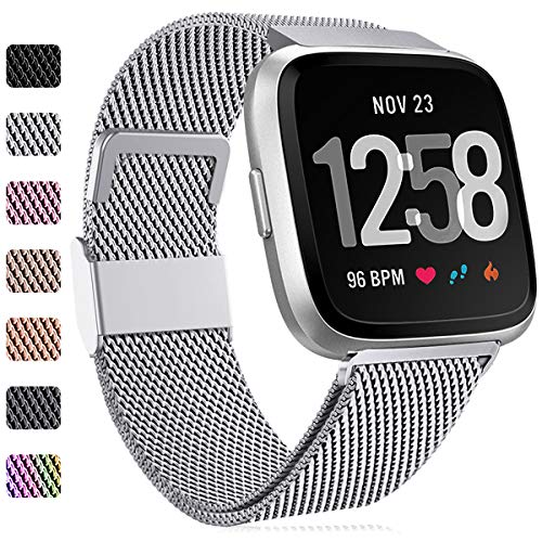 Faliogo Ersatzarmband Kompatibel mit Fitbit Versa Armband/Fitbit Versa 2 Armband, Edelstahl Metall Ersatz Armbänder Kompatibel mit Fitbit Versa 2/Versa/Versa Lite, Groß, Silber von Faliogo