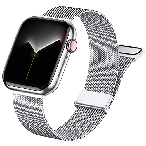 Faliogo Metall Armband Kompatibel mit Apple Watch Armband 45mm 44mm 49mm 42mm, Edelstahl Magnetische Ersatzbänder für iWatch Series 9 8 7 6 5 4 3 2 1 SE Ultra/Ultra 2, 42/44/45/49mm, Silber von Faliogo