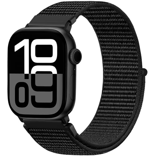 Faliogo Nylon Armband Kompatibel mit Apple Watch Armband 40mm 41mm 38mm 42mm(Series 10), Verstellbare Solo Loop Sportarmband für iWatch Series 10 9 8 7 6 5 4 3 2 1 SE Ultra, Schwarz von Faliogo
