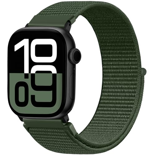 Faliogo Nylon Armband Kompatibel mit Apple Watch Armband 44mm 45mm 46mm 42mm(Series 3/2/1) 49mm, Verstellbare Solo Loop Sportarmband für iWatch Series 10 9 8 7 6 5 4 3 2 1 SE Ultra, ArmeeGrün von Faliogo