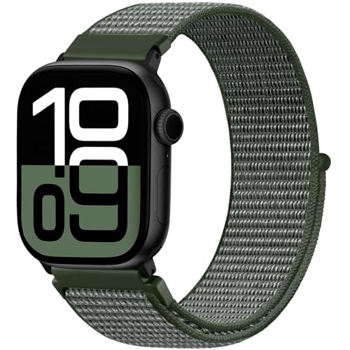 Faliogo Nylon Armband Kompatibel mit Apple Watch Armband 44mm 45mm 46mm 42mm(Series 3/2/1) 49mm, Verstellbare Solo Loop Sportarmband für iWatch Series 10 9 8 7 6 5 4 3 2 1 SE Ultra, Grün von Faliogo