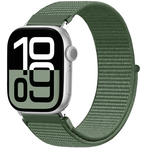 Faliogo Nylon Armband Kompatibel mit Apple Watch Armband 44mm 45mm 46mm 42mm(Series 3/2/1) 49mm, Verstellbare Solo Loop Sportarmband für iWatch Series 10 9 8 7 6 5 4 3 2 1 SE Ultra, KieferGrün von Faliogo