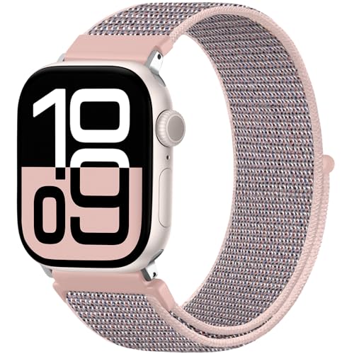 Faliogo Nylon Armband Kompatibel mit Apple Watch Armband 44mm 45mm 46mm 42mm(Series 3/2/1) 49mm, Verstellbare Solo Loop Sportarmband für iWatch Series 10 9 8 7 6 5 4 3 2 1 SE Ultra, Rosa von Faliogo