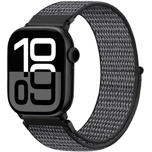 Faliogo Nylon Armband Kompatibel mit Apple Watch Armband 44mm 45mm 46mm 42mm(Series 3/2/1) 49mm, Verstellbare Solo Loop Sportarmband für iWatch Series 10 9 8 7 6 5 4 3 2 1 SE Ultra, Schwarzgrau von Faliogo