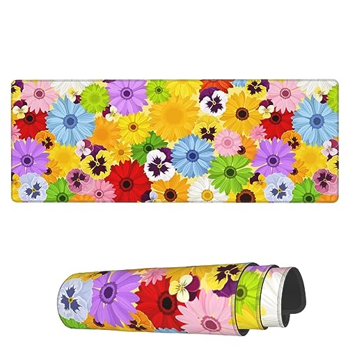 Famame Laptop-Mauspad, Motiv: bunte Blumen, Gänseblümchen, Schreibtischunterlage mit genähten Kanten, 80 x 30 cm, rutschfest, große Tastatur, Gummi, Schreibtischunterlage für Büro und Zuhause von Famame