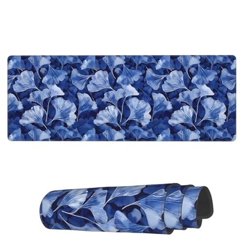 Famame Laptop-Mauspad, blaue Ginkgoblätter, Schreibtischunterlage mit genähten Kanten, 80 x 30 cm, rutschfest, große Tastatur, Gummi, Schreibtischunterlage für Büro und Zuhause von Famame