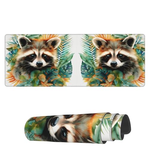 Famame Laptop-Mauspad, tropische Blätter, Waschbär, Schreibtischunterlage mit genähten Kanten, 80 x 30 cm, rutschfest, große Tastatur, Gummi-Schreibtischunterlage für Büro und Zuhause von Famame