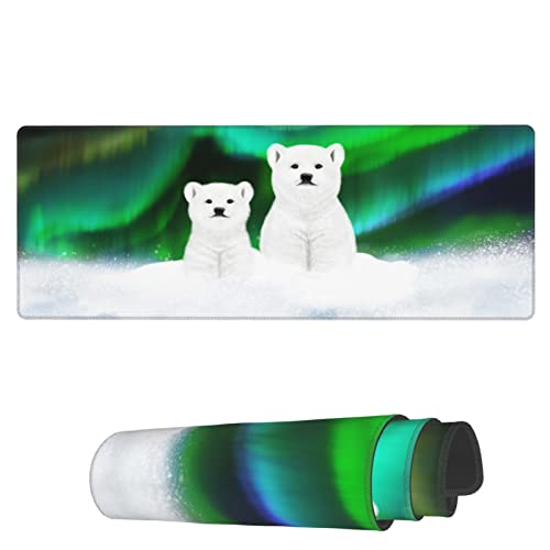 Famame Laptop-Mauspad, zwei Eisbären, grüne Lichter, Schreibtischunterlage mit genähten Kanten, 80 x 30 cm, rutschfest, große Tastatur, Gummi-Schreibtischunterlage für Büro und Zuhause von Famame