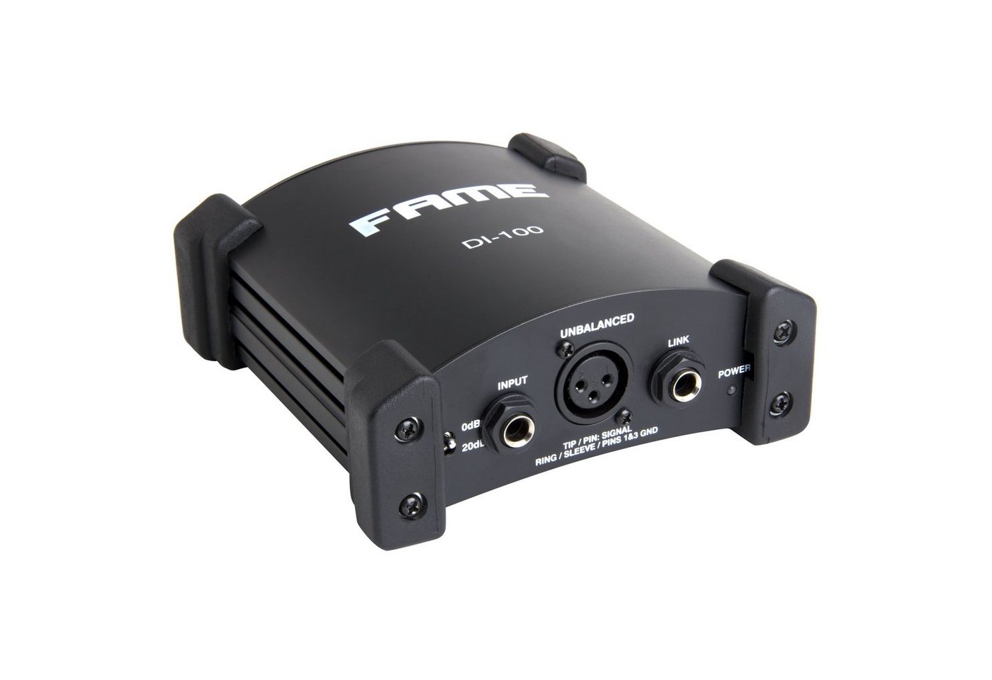 Fame Audio Audio-Wandler, (DI-100 Aktive DI-Box Hochwertige Signalverarbeitung 63mm Klinken XLR Input Link Output Eingangspegeldämpfung Symmetrischer XLR Output Ground-/Liftschaltung Batterie- oder Phantomspeisung, Zubehör, DI-Boxen), Aktive DI-Box, Hochwertige Signalverarbeitung, Symmetrischer XLR von Fame Audio