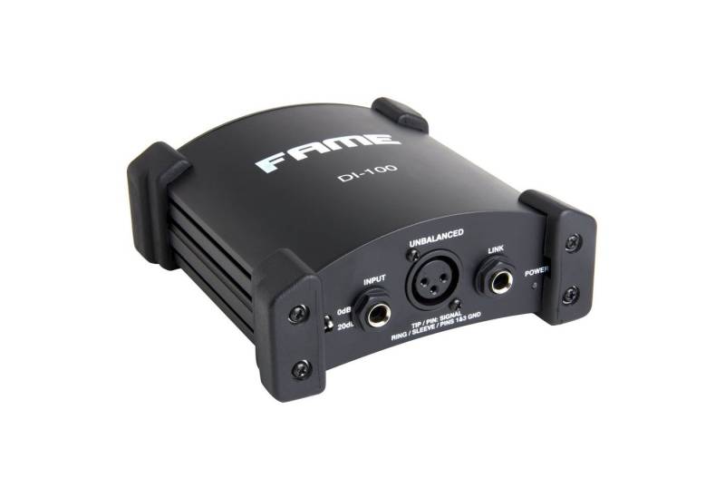 Fame Audio Audio-Wandler, (DI-100 Aktive DI-Box Hochwertige Signalverarbeitung 63mm Klinken XLR Input Link Output Eingangspegeldämpfung Symmetrischer XLR Output Ground-/Liftschaltung Batterie- oder Phantomspeisung, Zubehör, DI-Boxen), Aktive DI-Box, Hochwertige Signalverarbeitung, Symmetrischer XLR von Fame Audio