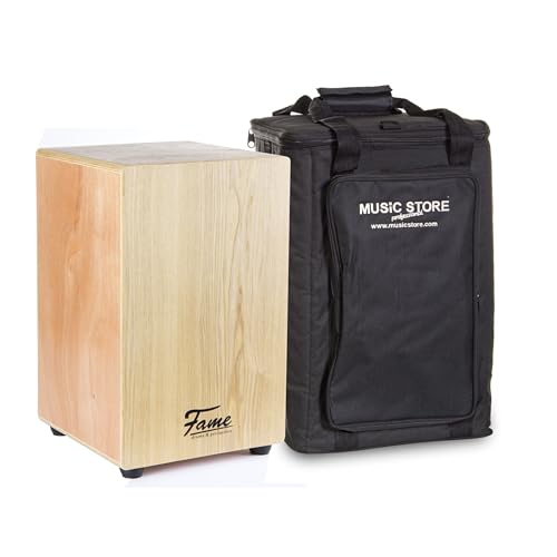 Fame Cajon-Set, Beginner Cajon mit Tasche, Natur Esche Holz, Matt Finish, Gitarrensaiten, 30x30x48 cm, inklusive Stimmschlüssel von Fame
