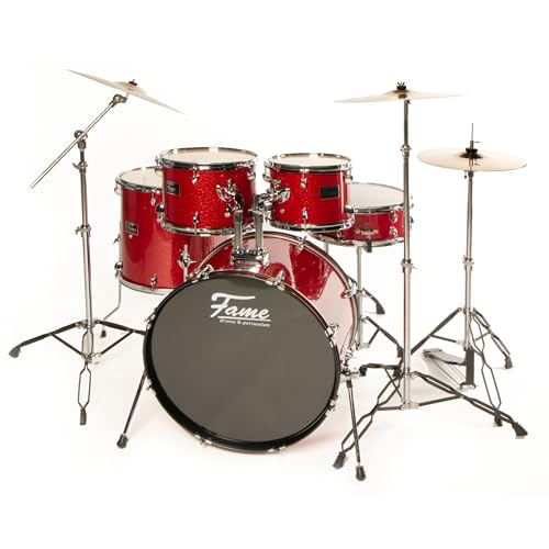 Fame FG20B-RD First Gig Studio Set, Red Sparkle, Komplettes Drum-Set, 20 Zoll BassDrum, Pappel-Kessel, Chrom-Hardware, inklusive Becken & Tomhalter, Ideal für Einsteiger von Fame