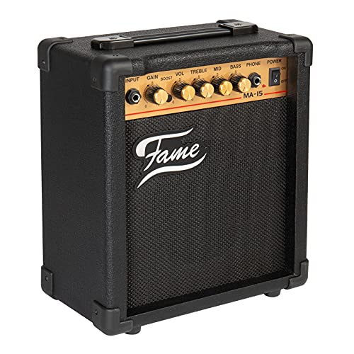 Fame MA-15 Transistor Combo Verstärker für E-Gitarre, 15 Watt, 1x6,5 Zoll Lautsprecher, 3-Band Equalizer, Overdrive-Sounds Boost-Schalter, Kopfhöreranschluss, Ideal für Unterricht und Bandproben von Fame