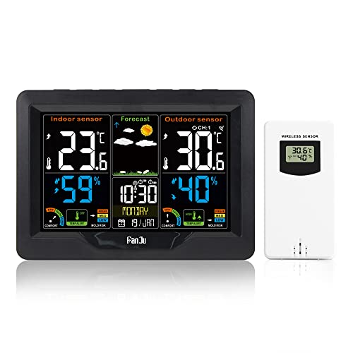 FanJu FJ3383C Wetterstation Funk mit Außensensor, Digital Farbdisplay Innen und Außen Thermometer Hygrometer, Funkwetterstation mit Wettervorhersage, Barometer und Temperaturwarnung (Black) von FanJu