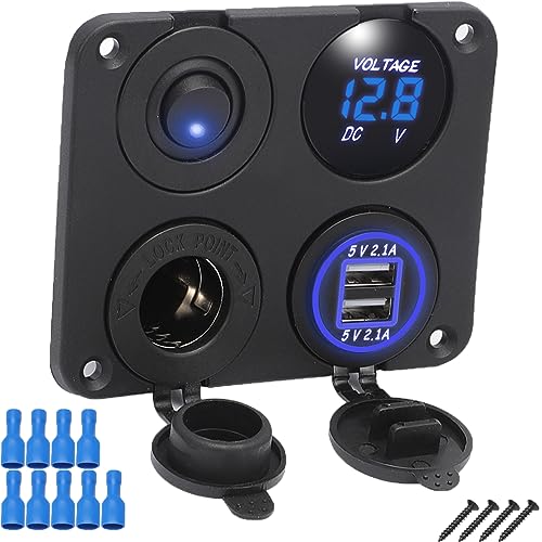 FanPaYY 4 in 1 Auto-Ladegerät-Schalttafel, Dual-USB-Ladegerät, blaue Voltmeter, Zigarettenanzünder-Buchse, ON/Off Kippschalter für Auto Marine Boot LKW von FanPaYY