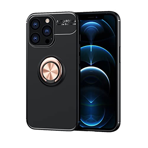 FanYuan Hülle für Apple iPhone 13 Pro, Ultradünne Soft TPU Silikon Case, 360 Grad drehbarer Ringhalter, Handyhülle Schutzhülle für Apple iPhone 13 Pro.(Schwarz+Roségold) von FanYuan
