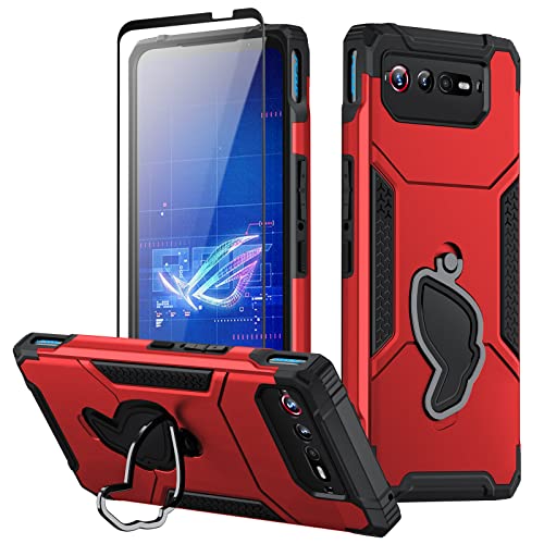 Fanbiya Hülle für ASUS ROG Phone 7, ROG 7 Ultimate Handyhülle TPU Spiele Smartphone Rüstung Militär Stil Abdeckung mit Ringständer, Rot von Fanbiya