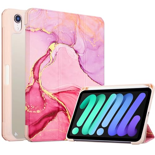 Fancity Hülle Kompatibel mit iPad Mini 6 2021, Hülle für iPad Mini 6th Generation 8,3 Zoll, Mit Stifthalter Dreifach Lederhülle Ständer Unterstützt Touch ID Auto Schlaf/Wach Funktion, Pink Marble von Fancity