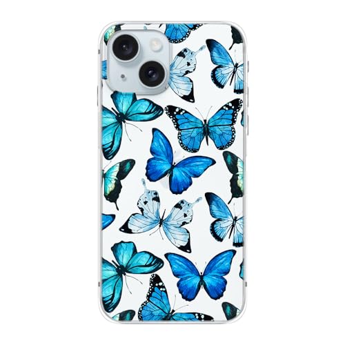 Fancy Case Kompatibel mit iPhone 15 Plus Hülle (6,7 Zoll) - Frauen Mädchen Stilvolles Schmetterlingsmuster Flexible TPU Schutzhülle Transparent Case (verschiedene blaue Schmetterlinge) von Fancy Case