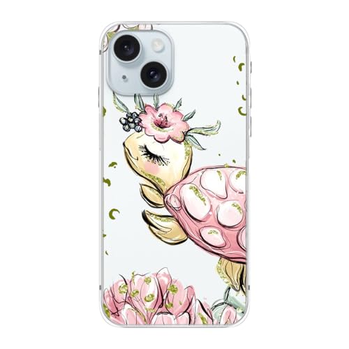 FancyCase Kompatibel mit iPhone 15 Hülle (6,1 Zoll) - Frauen Mädchen Niedlich Rosa Schildkröte Stil Strand Design Cartoon Tier Ozean Fisch Muster Flexible TPU Schutzhülle Transparent Case (Rosa von Fancy Case