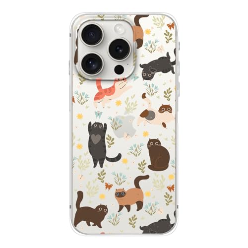 FancyCase Kompatibel mit iPhone 15 Pro Hülle (15,5 cm) - Niedliches Katzendesign, lustiges Cartoon-Tiermuster, flexible TPU-Schutzhülle, transparent (mehrere Katzen) von Fancy Case