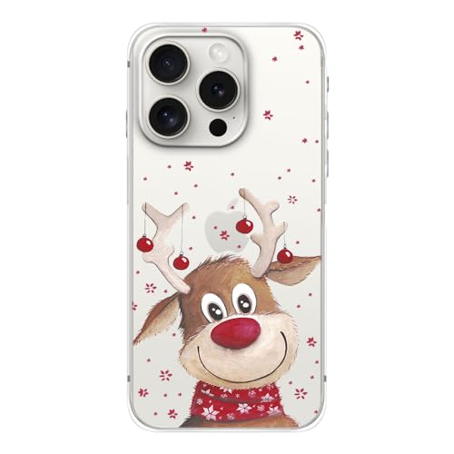 FancyCase Kompatibel mit iPhone 15 Pro Hülle (15,5 cm) - Weihnachtsdesign, niedliches Rentier-Stil mit Winter-Schneeflockenmuster, flexible TPU-Schutzhülle, transparente Schutzhülle (Rotnasen-Rentier) von Fancy Case