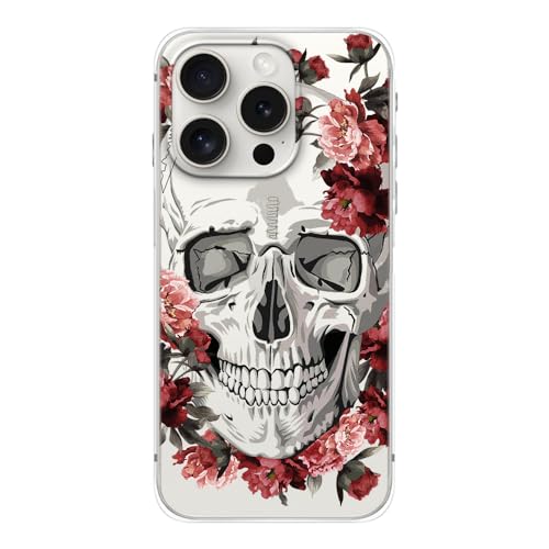 FancyCase Kompatibel mit iPhone 15 Pro Hülle (6,1 Zoll), cooles Totenkopf-Design mit Retro-Rosenmuster, flexible TPU-Schutzhülle, transparent, Totenkopf-Rosen von Fancy Case