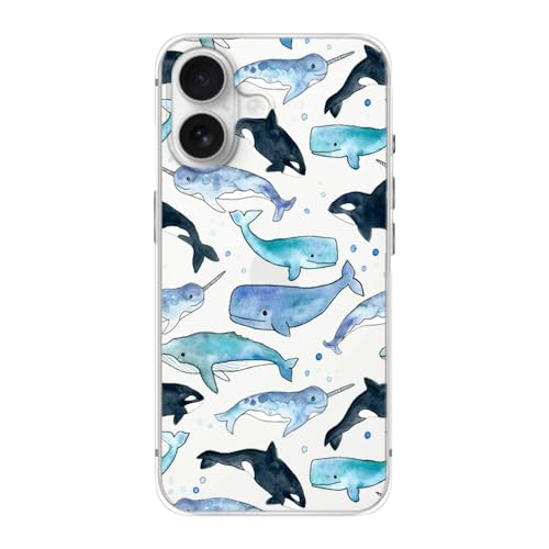 FancyCase Kompatibel mit iPhone 16 Hülle (15,5 cm), süßes Delfin-Design, cooler Wal-Stil, Ozean-Tier-Fisch, flexibel, TPU, transparent, verschiedene Meereslebewesen von Fancy Case