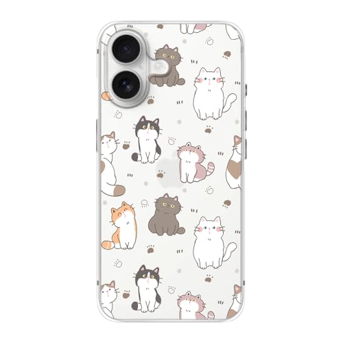 FancyCase Kompatibel mit iPhone 16 Hülle (15,5 cm) - Niedlicher Katzenstil Lustiges Cartoon-Tiermuster Flexible TPU Schutzhülle Klar Hülle (Happy Cats) von Fancy Case
