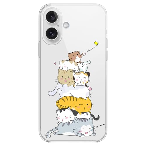 FancyCase Kompatibel mit iPhone 16 Hülle (15,5 cm) - Niedliches gestapeltes Katzen-Design, lustiges Cartoon-Tiermuster, flexible TPU-Schutzhülle, klare Schutzhülle (gestapelte Katzen) von Fancy Case