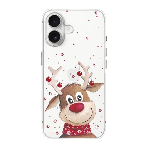 FancyCase Kompatibel mit iPhone 16 Hülle (6,1 Zoll)-Weihnachtsdesign, niedliches Rentier-Stil mit Winter-Schneeflockenmuster, flexible TPU-Schutzhülle, klare Schutzhülle, rote Nase Rentier von Fancy Case