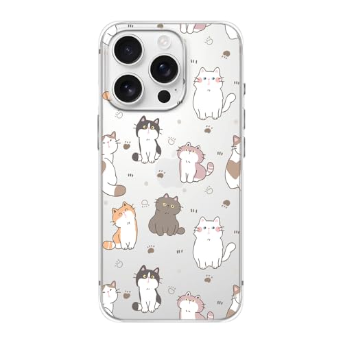 FancyCase Kompatibel mit iPhone 16 Pro Max Hülle (17,5 cm) - Niedlicher Katzenstil Lustiges Cartoon-Tiermuster Flexible TPU Schutzhülle Klar Hülle (Happy Cats) von Fancy Case