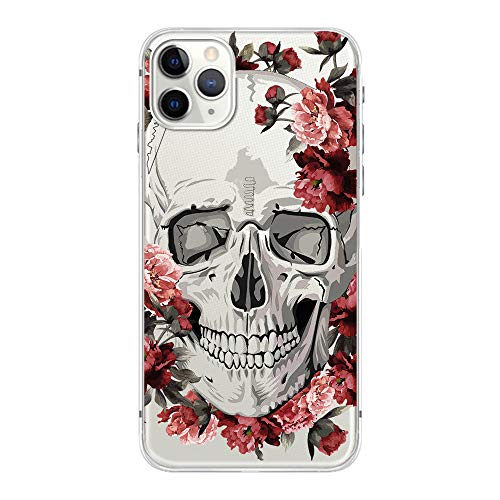 FancyCase Schutzhülle für iPhone 12 Pro Max (6,7 Zoll), cooles Totenkopf-Design mit Retro-Rosenmuster, flexible TPU-Schutzhülle, transparent, kompatibel mit iPhone 12 Pro Max (Totenkopf-Rosen) von Fancy Case