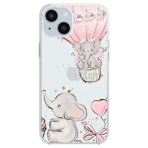 FancyCase Schutzhülle für iPhone 15, 15,5 cm (6,1 Zoll), niedliches Elefanten-Design mit Ballon-Cartoon-Tiermuster, flexible TPU-Schutzhülle, transparent, kompatibel mit iPhone 15 (Ballon-Elefant) von Fancy Case