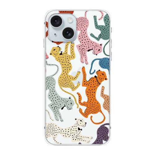 FancyCase Schutzhülle für iPhone 15 (6,1 Zoll), niedliches buntes Geparden-Design, Tierdruckmuster, flexible TPU-Schutzhülle, transparent, kompatibel mit iPhone 15 (bunte Geparden) von Fancy Case
