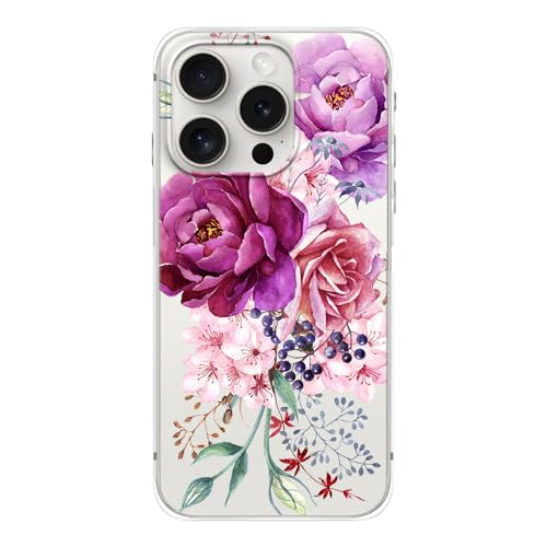 FancyCase Schutzhülle für iPhone 15 Pro, 15,5 cm (6,1 Zoll), elegantes Blumendesign, hübsches Blumenmuster, flexible TPU-Schutzhülle, transparent, großer Blumenstrauß von Fancy Case