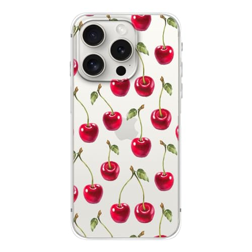 FancyCase Schutzhülle für iPhone 15 Pro, 15,5 cm (6,1 Zoll), niedliches Cartoon-Früchte-Muster, flexibel, TPU, transparent, Kirschen von Fancy Case