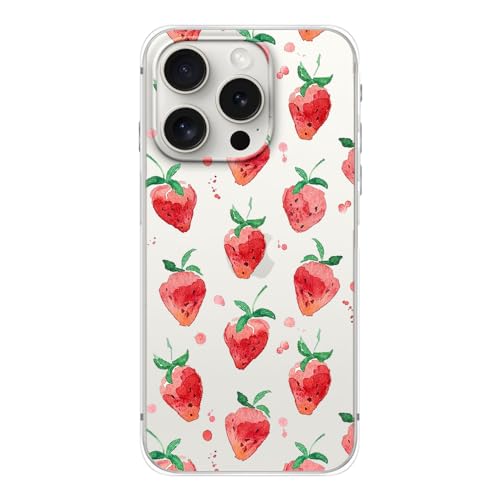FancyCase Schutzhülle für iPhone 15 Pro, 15,5 cm (6,1 Zoll), niedliches Erdbeer-Stil, niedliches Cartoon-Früchte-Muster, flexible TPU-Schutzhülle, transparent, Erdbeer-Stil von Fancy Case