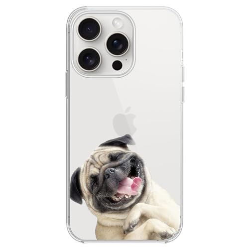 FancyCase Schutzhülle für iPhone 15 Pro, 15,5 cm (6,1 Zoll) - Niedlicher Mops-Stil, lustiges Cartoon-Tiermuster, flexible TPU-Schutzhülle, transparent, kompatibel mit iPhone 15 Pro (Happy Pug) von Fancy Case