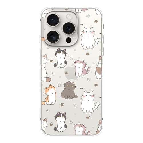 FancyCase Schutzhülle für iPhone 15 Pro (15,5 cm (6,1 Zoll) - Niedliche Katze, lustiges Cartoon-Tiermuster, flexible TPU-Schutzhülle, transparent, kompatibel mit iPhone 15 Pro (Happy Cats) von Fancy Case